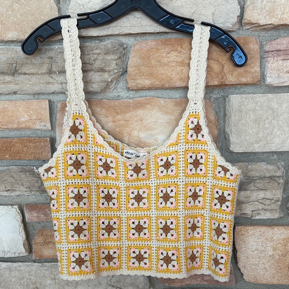 Urban Outfitters Yellow and Cream Crochet Crop Top